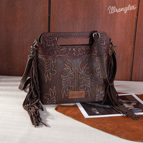 Wrangler Top Handle Embroidered Fringe Tote/Crossbody - Coffee