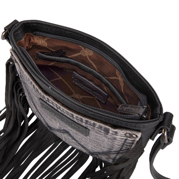Wrangler Leather Fringe Jean Denim Pocket Crossbody - Light Black