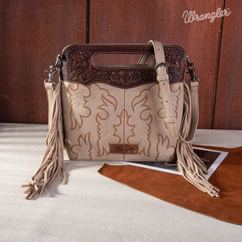 Wrangler Top Handle Embroidered Fringe Tote/Crossbody - Tan