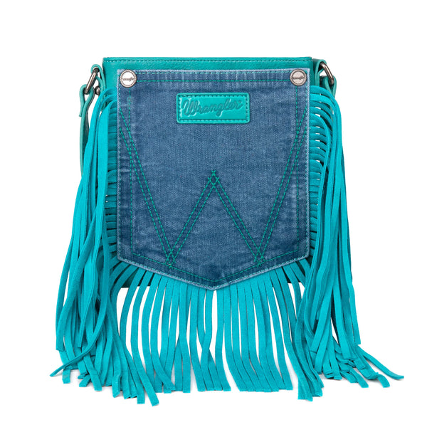 Wrangler Leather Fringe Jean Denim Pocket Crossbody - Turquoise