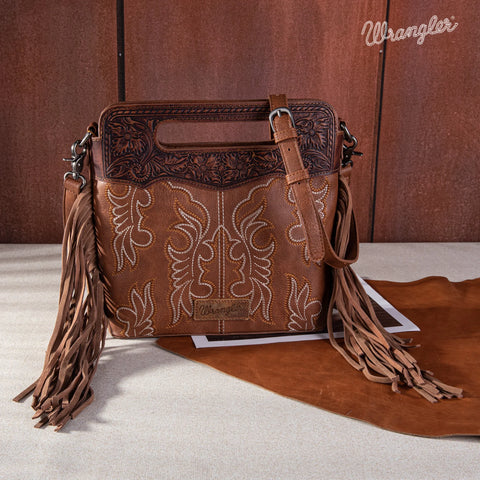 Wrangler Top Handle Embroidered Fringe Tote/Crossbody - Brown